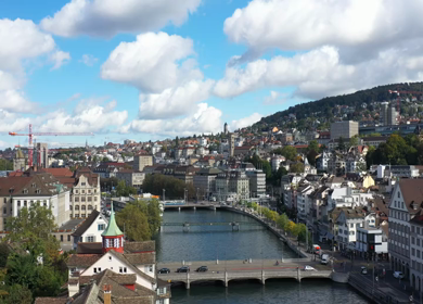 Aerial shot of the Zurich old town on a sunny day in Switzerland