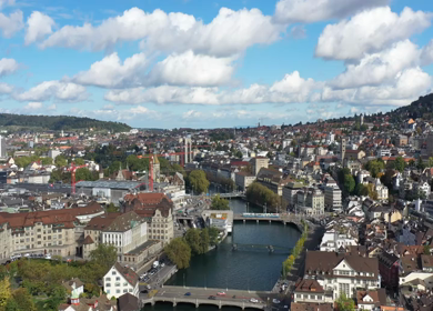 Aerial shot of the Zurich old town on a sunny day in Switzerland