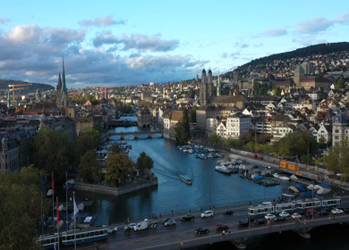 Aerial shot of the Zurich old town on a sunny day in Switzerland