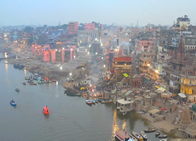 An Aerial shot of Indian dead bodies being cremated at Ganga Ghat in ,India