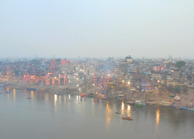 An Aerial shot of Indian dead bodies being cremated at Ganga Ghat in ,India