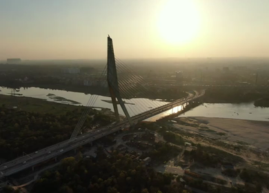An evening aerial shot of the Signature Bridge in New Delhi, India