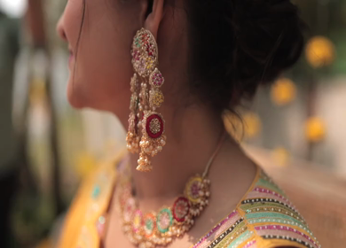 A Slow motion Shot of an Indian Bride showing her Bridal Jewellery at her Indian Wedding in India