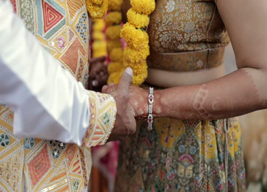 A Slow motion shot of a Indian Groom and Indian Bride posing towards camera at their Indian wedding in India
