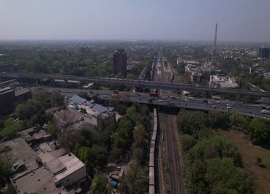 15th April 2022: An aerial shot of the Metro,Railways Train and Traffic  in New Delhi, India