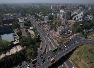 An aerial shot of the flyover with running traffic in New Delhi, India