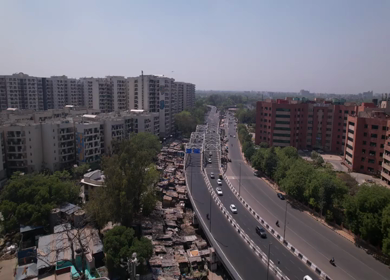 An aerial shot of the Traffic movement at Barah Pulla flyover in New Delhi, India 