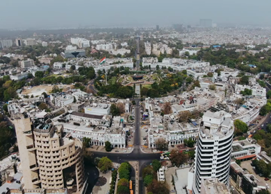 An aerial shot of the street at Connaught Place in New Delhi, India