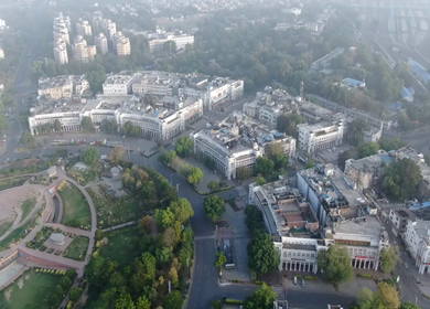 An aerial shot of the Connaught Place in New Delhi, India