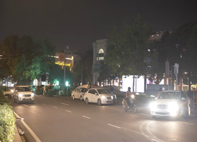 A rotating timelapse aerial shot of Connaught Place in New Delhi, India