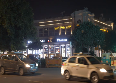 An aerial shot of the busy street at Connaught Place in New Delhi, India