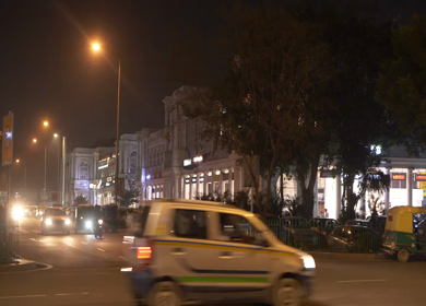 An aerial shot of the busy street at Connaught Place in New Delhi, India