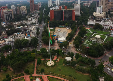 An aerial 360 degree shot of the Indian flag at Connaught Place in New Delhi, India