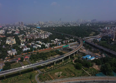 An aerial shot of the Delhi Metro in Noida,NCR,India