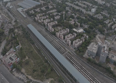 An aerial shot of Delhi Metros parked at their yard during COVID-19 lockdown