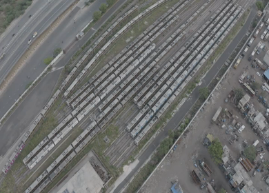 An aerial shot of Delhi Metros parked at their yard during COVID-19 lockdown