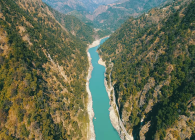 Aerial view of Ganga river, Rishikesh, India
