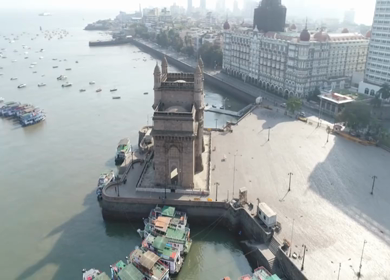 Aerial shot of the Gateway of India in Mumbai during Covid-19 Lockdown in India 