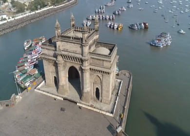 Aerial shot of the Gateway of India in Mumbai during Covid-19 Lockdown in India 