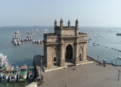 Aerial shot of the Gateway of India in Mumbai during Covid-19 Lockdown in India 