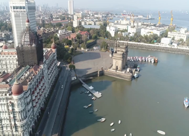 Aerial shot of the Gateway of India in Mumbai during Covid-19 Lockdown in India 