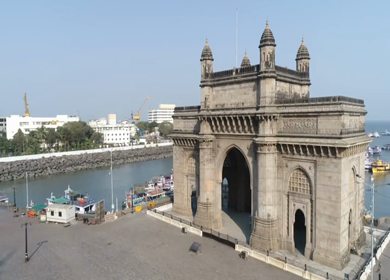 Aerial shot of the Gateway of India in Mumbai during Covid-19 Lockdown in India 