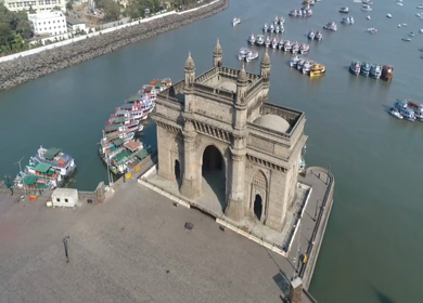 Aerial shot of the Gateway of India in Mumbai during Covid-19 Lockdown in India 