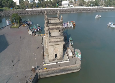 Aerial shot of the Gateway of India in Mumbai during Covid-19 Lockdown in India 