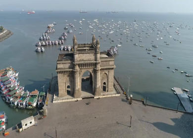 Aerial shot of the Gateway of India in Mumbai during Covid-19 Lockdown in India 