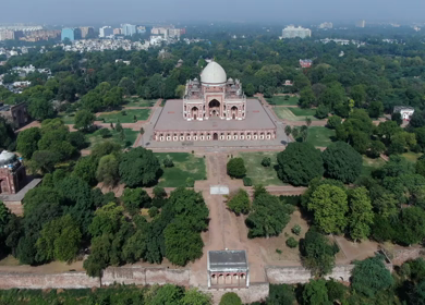 An aerial shot of the Humayuns Tomb at New Delhi in India