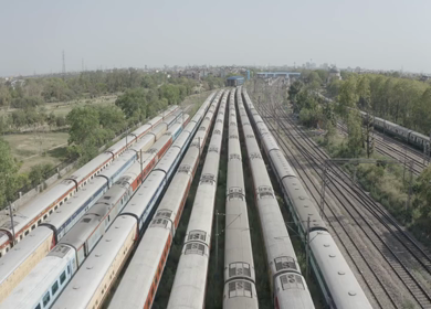 An aerial shot of the Indian Trains Parked during the COVID-19 lockdown in New Delhi, India