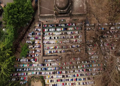 An aerial shot of Jama Masjid with people praying namaz in New Delhi,India