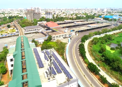 An aerial drone shot of Koyambedu Bus Stand during the COVID-19 lockdown in Chennai, India