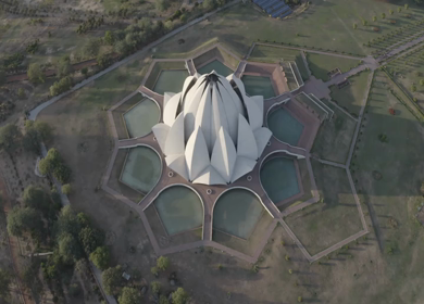 An aerial shot of the Lotus Temple during COVID-19 Lockdown in New Delhi, India
