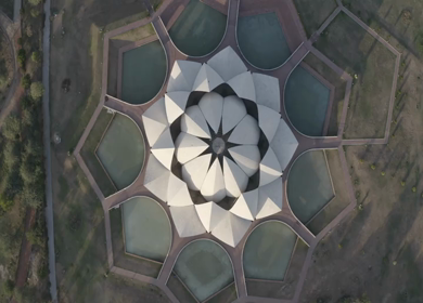 An aerial shot of the Lotus Temple during COVID-19 Lockdown in New Delhi, India