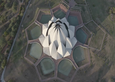 An aerial shot of the Lotus Temple during COVID-19 Lockdown in New Delhi, India