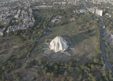 An aerial shot of the Lotus Temple during COVID-19 Lockdown in New Delhi, India