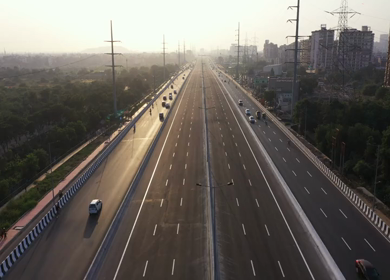 An aerial drone shot of the National Highway 24 in NCR, India