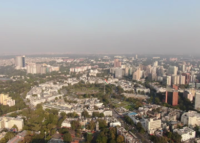 An aerial shot of the busy street at Connaught Place in New Delhi, India