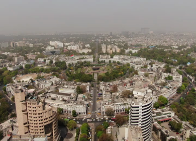 An aerial shot of the busy street at Connaught Place in New Delhi, India