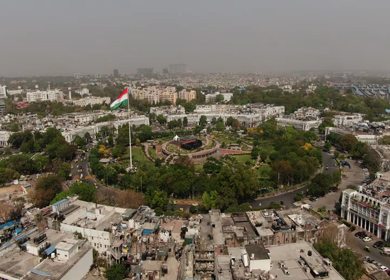 An aerial shot of the busy street at Connaught Place in New Delhi, India
