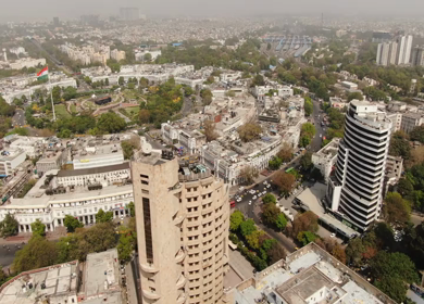 An aerial shot of the busy street at Connaught Place in New Delhi, India