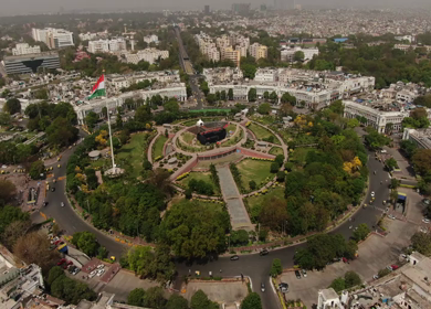 An aerial shot of the busy street at Connaught Place in New Delhi, India