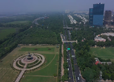 An aerial shot of the Noida film city, Ambedkar park and  Agra Expressway at Noida,NCR,India