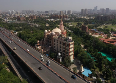 22nd October 2021: An aerial shot of Iskcon Temple with traffic at Noida,NCR,India