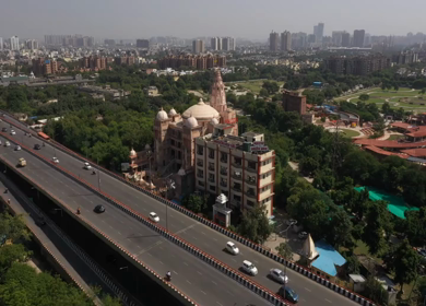 22nd October 2021: An aerial shot of Iskcon Temple with traffic at Noida,NCR,India