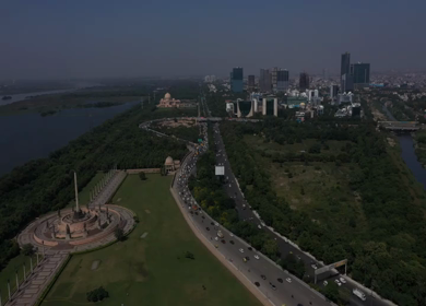 An aerial shot of Film City Flyover in the daytime at Noida,NCR,India