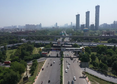 22nd October 2021: An aerial shot of the Traffic at Mahamaya Flyoverat Noida,NCR,India
