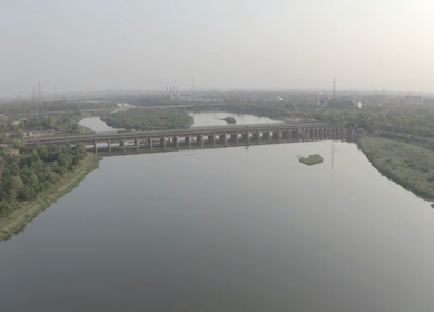 An aerial shot of the Yamuna Bridge during dawn at ITO in New Delhi,India