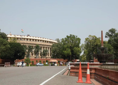 A static shot of the Parliament House in New Delhi, India
